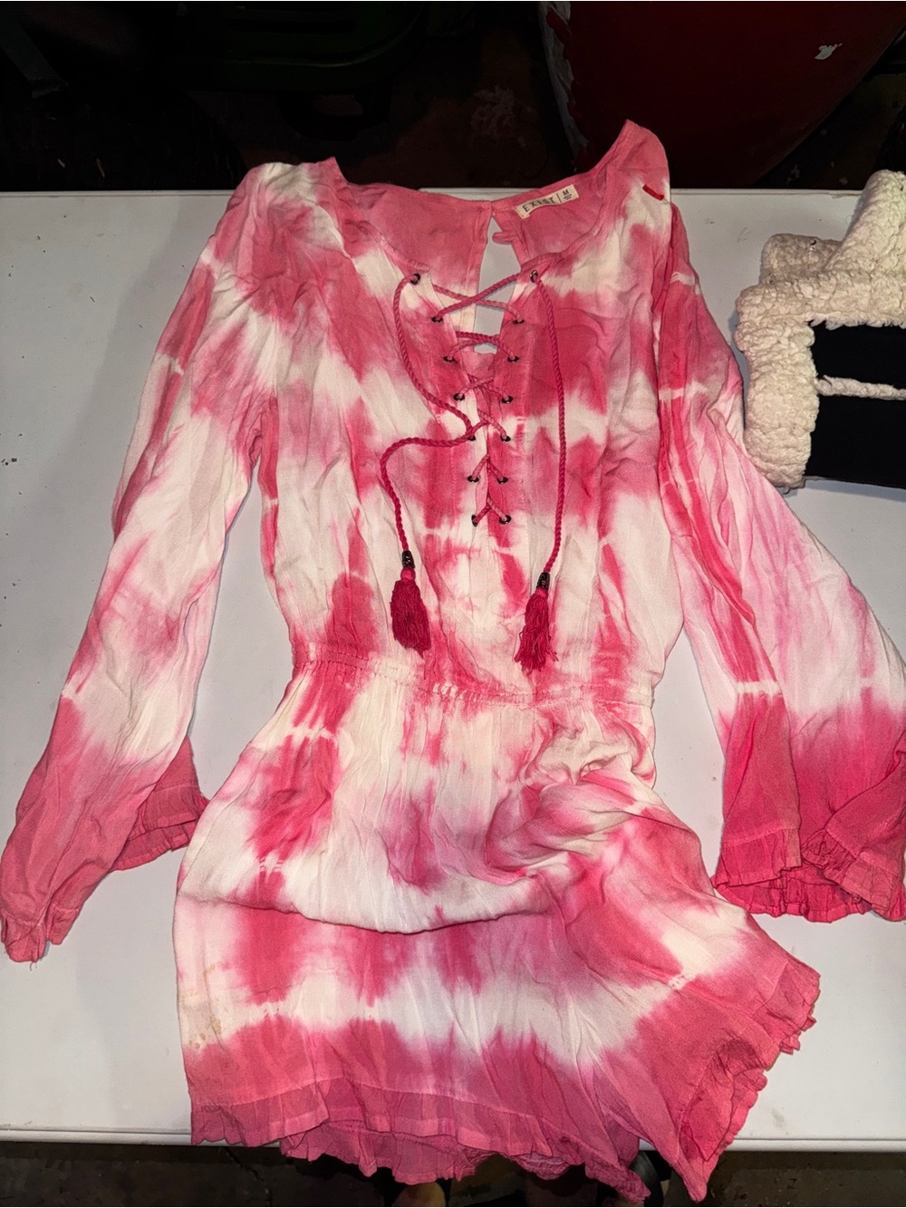 Pink Tie-Dye Lace-Up Long Sleeve Romper